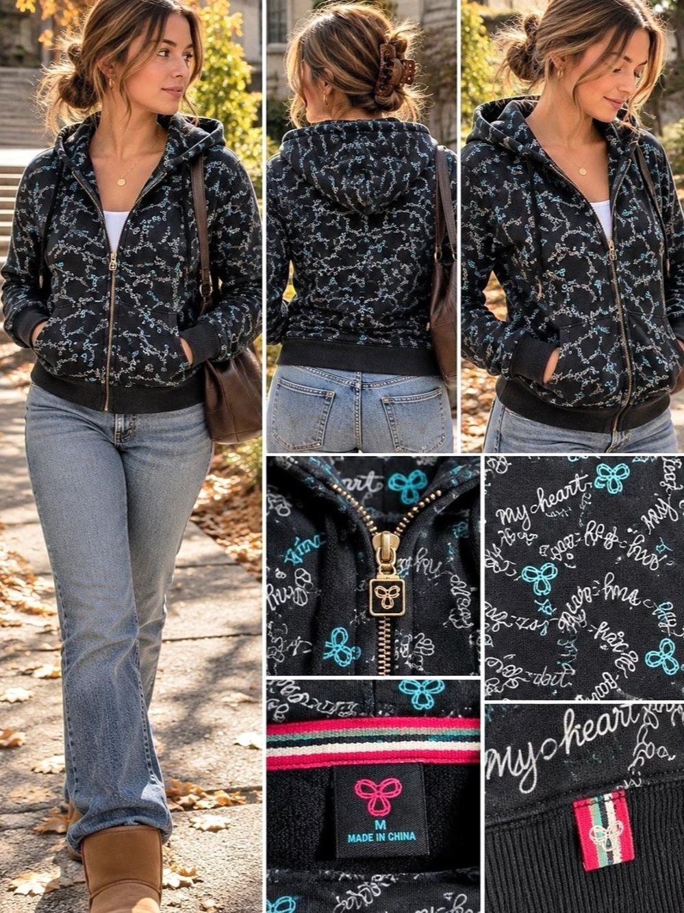 ✨Vintage✨| Aritzia | Medium | “My Heart Flip Flops TNA” Print | Zip-Up Hoodie